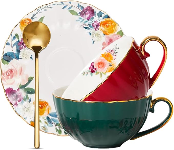 ONEUSTAR Tea Cups and Saucers Set of 2 Bone China Floral English Teacup with Spoon Coffee Cups Cappuccino Espresso Latte Mug for Christmas Gift, 8 Oz