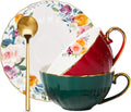 ONEUSTAR Tea Cups and Saucers Set of 2 Bone China Floral English Teacup with Spoon Coffee Cups Cappuccino Espresso Latte Mug for Christmas Gift, 8 Oz
