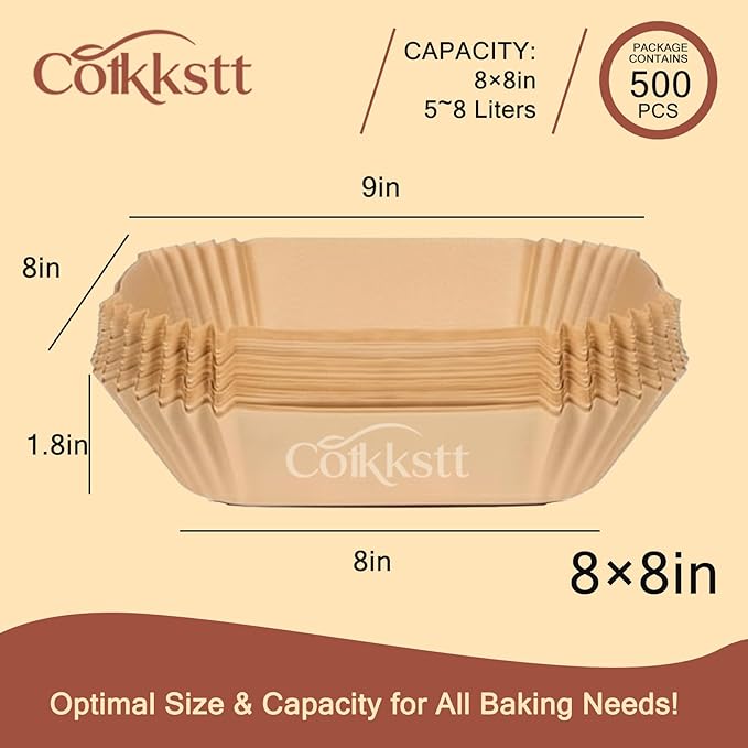 500 Pcs 8x8 Inch Disposable Air Fryer Liners, Parchment Paper for Air Fryer, Non-Stick Baking Parchment and Parchment Paper Squares for Bread, Fries (Unbleached Brown)