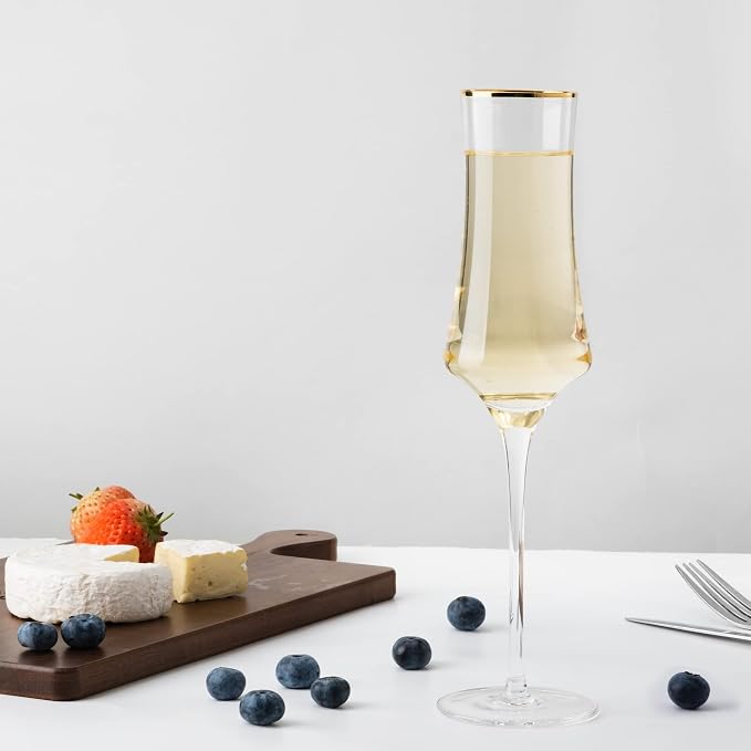 NEW Champagne Flutes Glasses 8oz Set of 6 Clear Crystal Lead-Free Stemware Champagne Glass With Gold Rim