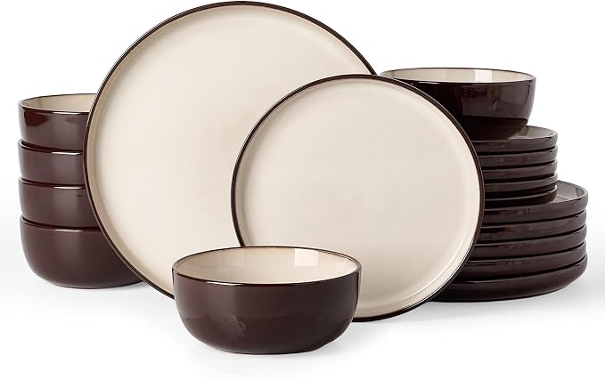 Famiware Milkyway Stoneware Dinnerware Set, 18-Piece, Double Reactive Glaze, Plates and Bowls, Service for 6, Microwave and Dishwasher Safe, Scratch-Resistant, Light khaki & Cocoa