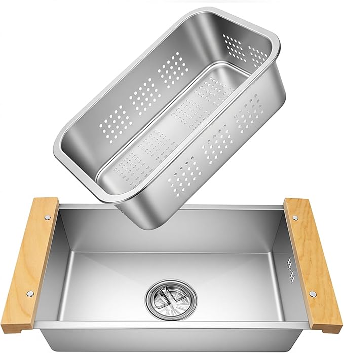 2-in-1 Over the Sink Colander & Dish Basin Combo, Dishpan for Kitchen Sink, Stainless Steel Sink With Strainer Basket, Vegetable and Fruit Washing, Food Straining & Dish Washing