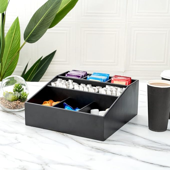Restaurantware-11.75 x 5.5 Inch Coffee Condiment Organizer, 1 Square Creamer Organizer - 9 Compartments, Break-Resistant, Black Bamboo Coffee Accessory Caddy, Won't Chip, For Sugar Packets & Creamers