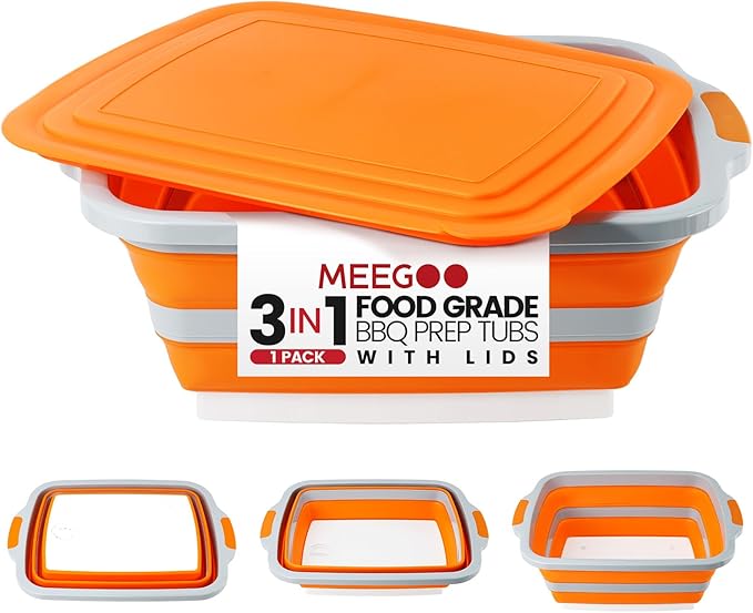 BBQ Prep Tub 3-IN-1 Large 30L Collapsible Cutting Board with Lid for Grill Meal Prep Marinating Food, Camping Sink with Colander, Dish Basin, Storage Blanket for Camping Picnic BBQ Grilling, Orange