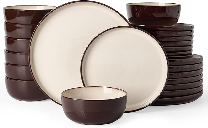 Famiware Milkyway Stoneware Dinnerware Set, 24-Piece, Double Reactive Glaze, Plates and Bowls, Service for 8, Microwave and Dishwasher Safe, Scratch-Resistant, Light khaki & Cocoa