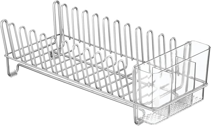 mDesign Kitchen Sink Dish Drainer – Small Metal and Plastic Dish Rack for Kitchen Sink – Ideal for Plates and Cutlery Basket – Chrome/Clear