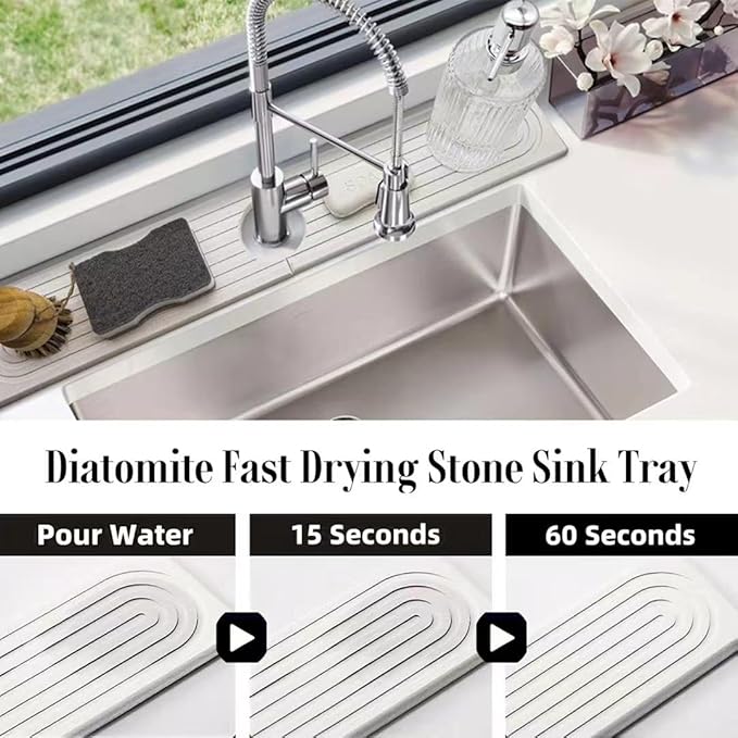 Quick Drying Stone Faucet Mat for Kitchen Sink, 18.1'' Long Diatomite Sink Tray, Faucet Splash Guard for Kitchen,Bathroom Counter, Prevents Moisture, Super Absorbent, White (White, 18.1" x 3.9")
