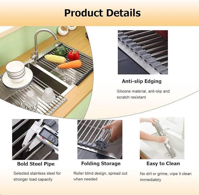 14.6/18.5 in Long Collapsible Over Sink Roll Up Dish Drying Rack for Kitchen Sink, Foldable Stainless Steel & Silicone Dish Drainer(Gray,37x29.5cm/14.6x11.6in)