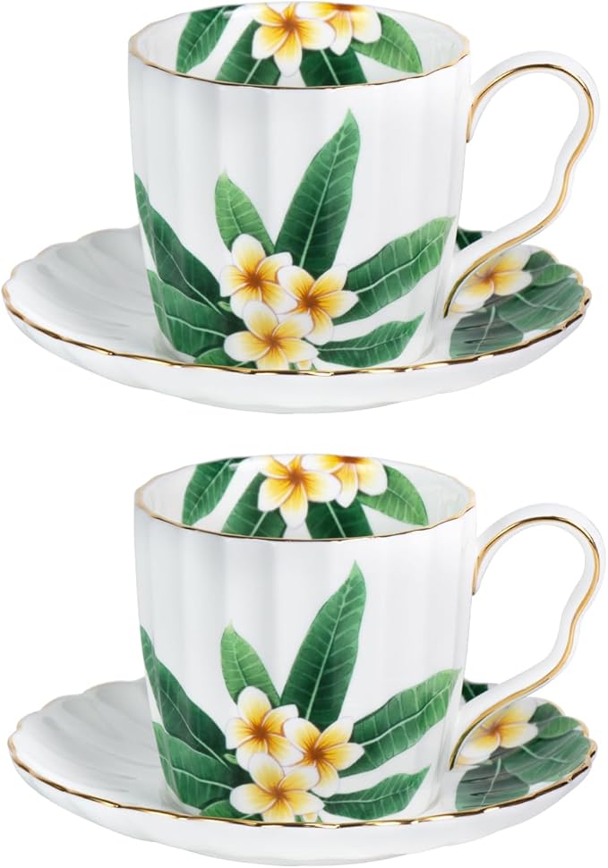 KAMMAK Tea Cups and Saucers Set of 2, Porcelain Coffee Cups, Stackable Espresso Mugs, Ceramic Demitasse for Coffee, Cappuccino, Latte, Americano, Tea, Green Leaf Frangipani