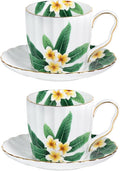 KAMMAK Tea Cups and Saucers Set of 2, Porcelain Coffee Cups, Stackable Espresso Mugs, Ceramic Demitasse for Coffee, Cappuccino, Latte, Americano, Tea, Green Leaf Frangipani