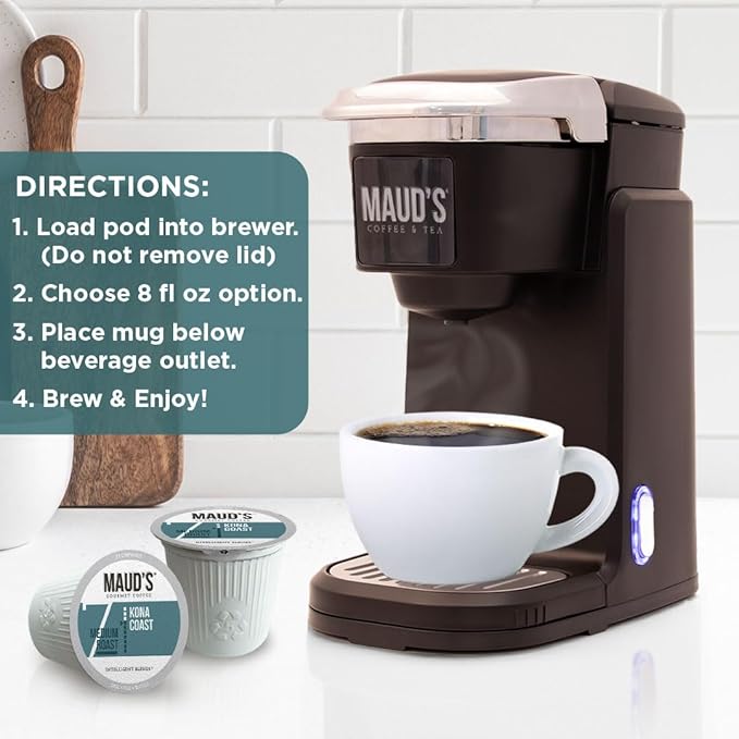 Maud's Kona Coffee Pods, 18 ct, Medium Roast Coffee in Single Serve Pods – 100% Arabica Coffee, Compatible with Keurig K Cups Maker