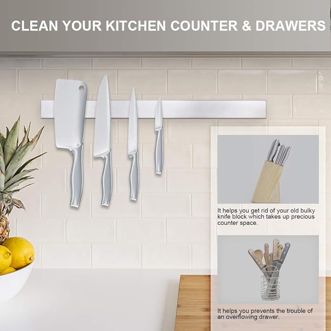 Ninonly 16 Inch Magnetic Knife Strip, Premium Stainless Steel Wall Mounted Kitchen Knives Bar,Space-Saving Powerful No Drilling Magnetic Knife Rack for Home Kitchen Utensil Holder & Tool Holder