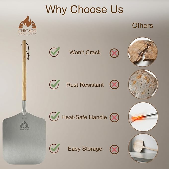 Chicago Brick Oven Pizza Peel, 12" x 14" Aluminum Pizza Paddle, 35.5" Long Pizza Shovel with 21" Detachable Wooden Handle