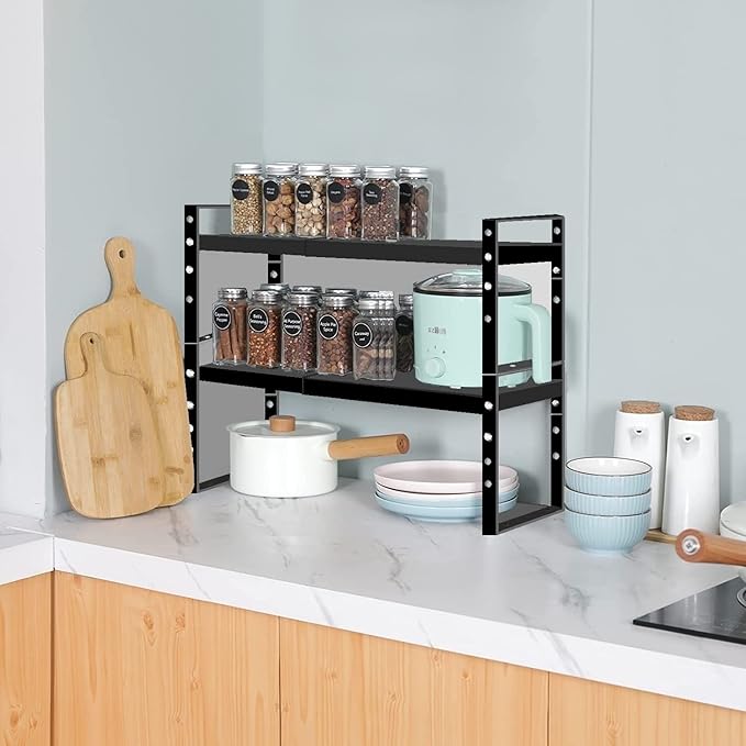 Jojocross Expandable Stackable Spice Rack Cabinet Shelf Organizer in Cabinets Shelves Kitchen Cupboard Organization Stack up Racks Pantry Countertop Storage Large/Black 2 Packs