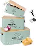 Kitchen Vegetable Storage Set of 3, Metal Onion Garlic Potato Storage Set, Kitchen Canisters Vegetable Keeper Containers with Aerating Holes and Bamboo Lid,Sage Green