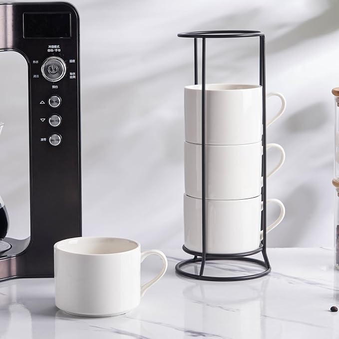 10oz Stackable Coffee Mugs Set of 4 with Stand, White Ceramic Coffee Cups Set for Cappuccino, Latte, Tea, Milk, Housewarming Gift