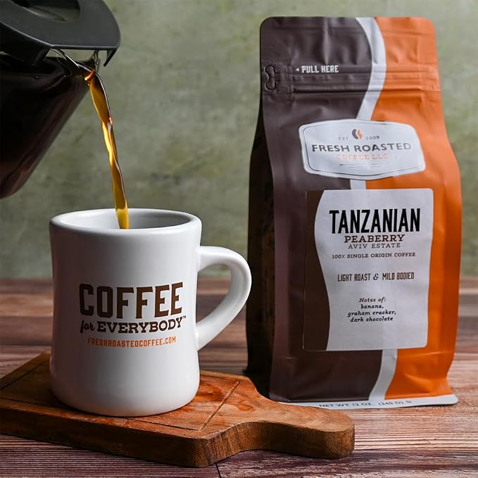 Fresh Roasted Coffee, Tanzanian Peaberry Whole Bean Coffee, Light Roast, Kosher, 12 oz