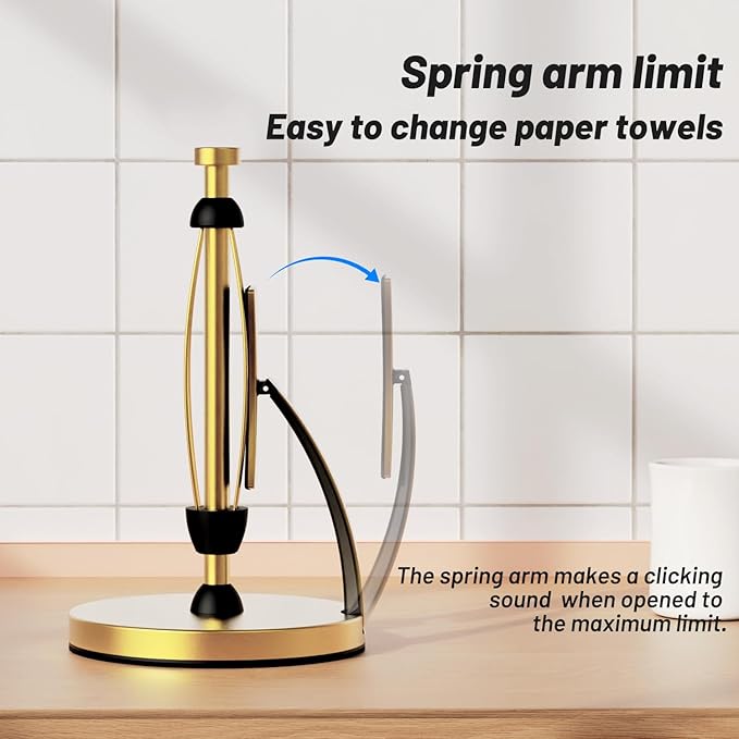 VEHHE Gold Paper Towel Holder Countertop, One-Handed Tear, Stainless Steel, Stand Paper Towel Holder with Spring Activated Arm & Non Slip Weighted Base, for Kitchen Bathroom