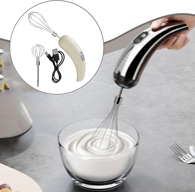 Electric Egg Beater Handheld Milk Frother Cordless Cream Mixer Adjustable 5 Speeds Stainless Steel USB Whisk Suitable for Kitchen, Beige