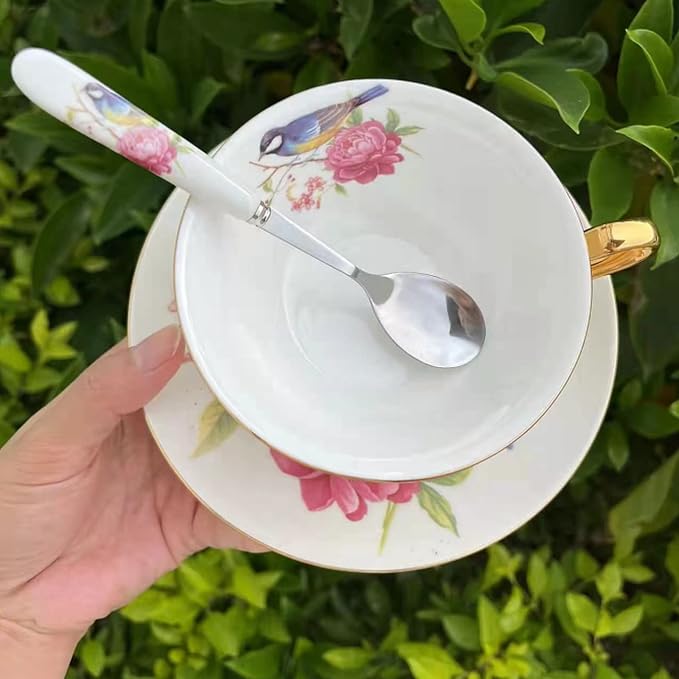 Honorable Coffee Cup Mug, Cappuccino, Tea Cup, with Saucer for Latte, Fine Bone Porcelain, Reactive Glaze, 6.8 Oz-1pcs (Vivid Bird)