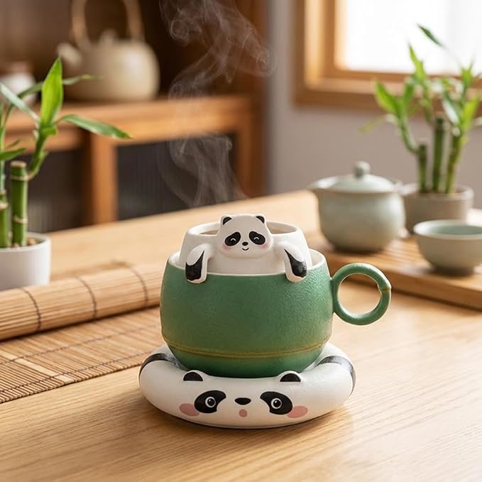 Ceramic Panda Tea Cup with Infuser and Saucer, Cute 8 oz Coffee Mug | Handmade Ceramic, Tea Cup with Filter, Birthday Gift for Women, Kids, Friends & Panda Lovers