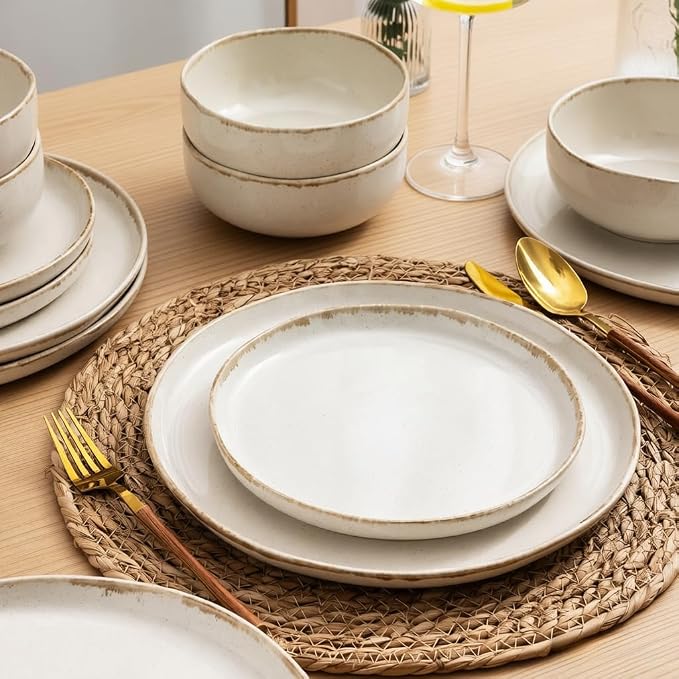 AmorArc Ceramic Dinnerware Sets, Wavy Rim Stoneware Plates and Bowls Sets, Highly Scratch Resistant | Dishwasher & Microwave Dishes set, Service for 4 (12pc)-Speckled Cappuccino)
