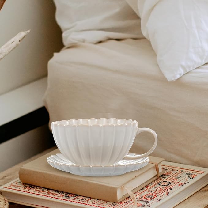 BESTOYARD Ceramic Coffee Cup and Saucer Set – 6.10"" x 6.10"" x 0.98"", 19.4 oz White Porcelain Heat-Retentive for Hot Beverages – for Home, Office, Café, Tea Lovers & Coffee Enthusiasts