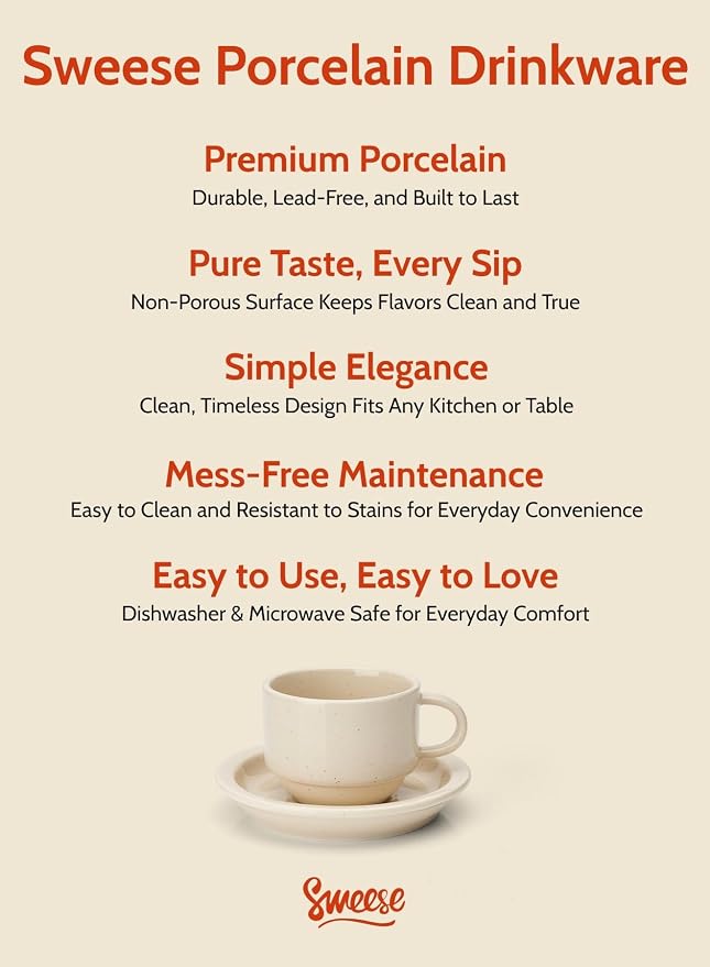 Sweese 8oz Porcelain Cappuccino Cups Set with Saucers, Metal Stand - Stackable, Durable for Coffee, Latte, Tea - Beige, 4 Pack