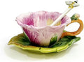 Ceramic Pansy Coffee Cup and Saucer Set with Spoon，6OZ 3D Hand-Painted Flower Tea Mug，Gift for Women (Lilac)