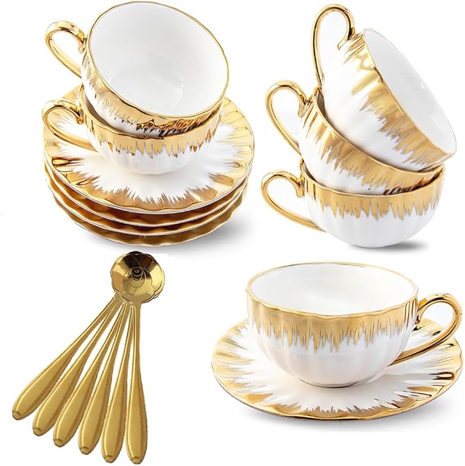 CHANJOON 6 Teacups Tea Tray Spoon Set, 6oz with Galvanized Gold Rim and Gift Box, Ceramic White English Coffee Teacup (gold, medium)