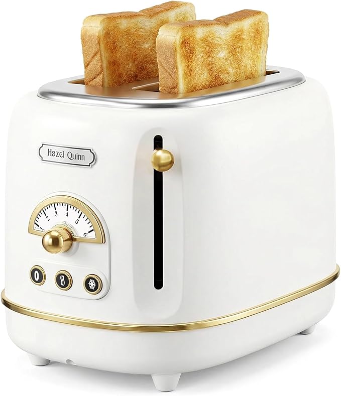 Hazel Quinn 2-Slice Retro Toaster, 6 Browning Levels, 3 Functions-Defrost/Reheat/Cancel, Removable Crumb Tray for Easy to Clean, 1.5 Inches Extra Wide Slots - Pearl White