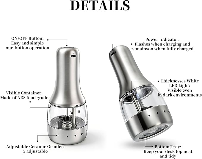 Electric Salt and Pepper Grinder Mill Set, 90ml Rechargeable Automatic Salt and Pepper Shakers with Dusty Tray, LED Lights, 5 Adjustable Coarseness for Kitchen, Outdoor Birthday Gifts for Women Mom