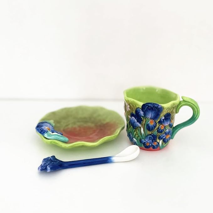 Ceramic Lrises Flower Coffee Mug and Saucer set with Spoon,3D Handmade and Hand-painted Tea Mug, 6OZ