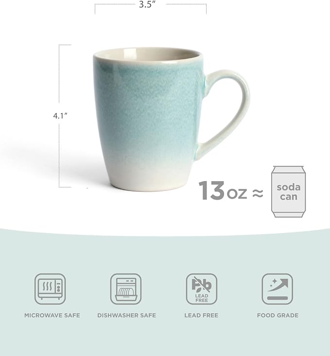 famiware Coffee Mugs Set, 13 oz Mug Set of 4, Stoneware Cups for Latte, Hot Tea, Mocha, Cocoa, Cappuccino, Microwave and Dishwasher Safe, Glacier Series, Aqua (Pack of 2)