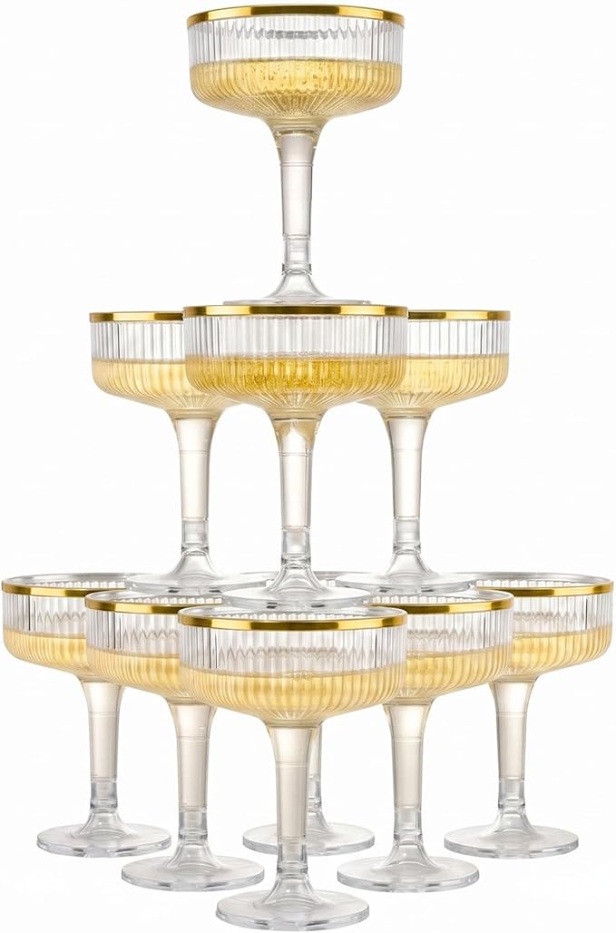 Goodluck 3-Tier Champagne Tower Glasses - 10 PCS 7oz Clear Plastic Champagne Flutes, Plastic Coupe Glasses with Vertical Stripes for Weddings, Celebrations, Parties & Birthdays(Gold Rim)
