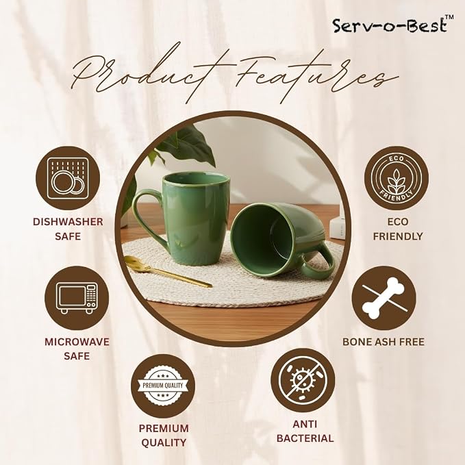 Servo Best Green Coffee Mugs 12 oz, Set of 6 Green Radiant Ceramic Mugs - Lead & Toxic Free, Dishwasher & Microwave Safe, Perfect for Home & Office Use