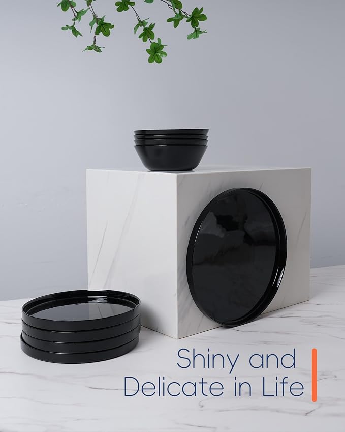 LaGlint Dinnerware Sets for 4, Black 12 Pieces Opal Glass Plates and Bowls Set, Dishwasher and Microwave Safe Dish Dinning Ware, Chip and Scratch Resistant Dishware