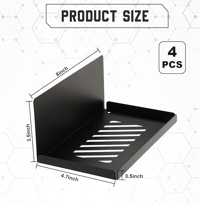 Therwen 4 Pack Magnetic Pegboard Shelves Wall Organizer Metal Pegboard Shelf Steel Tray Accessories Organizing Tools for Craft Home Kitchen(8 x 4.7 x 3.5 Inches,Black)