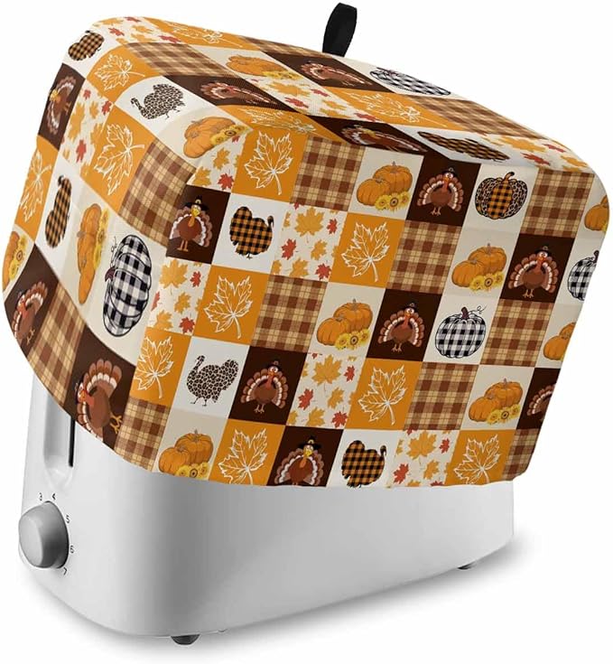 Orange Plaid Fall Toaster Cover 4 Slice, Thanksgiving Pumpkins Turkey Dustproof Bakeware Oven Protector with Top Hook, Maple Leaf Waterproof Small Kitchen Appliance Toasters Dust Cover, 12"x11"x8"