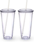 Zukro Clear Tumbler with Lid and Straw 32 oz, Wide Mouth Double Walled Insulated Reusable Acrylic Plastic Iced Coffee To Go Cup for Loaded Tea, Water, Lemonade, Fit in Cupholder, BPA Free, 2 Pack
