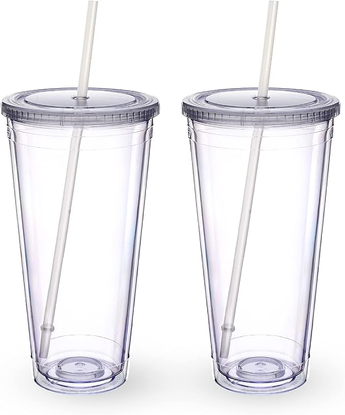 Zukro Clear Tumbler with Lid and Straw 32 oz, Wide Mouth Double Walled Insulated Reusable Acrylic Plastic Iced Coffee To Go Cup for Loaded Tea, Water, Lemonade, Fit in Cupholder, BPA Free, 2 Pack