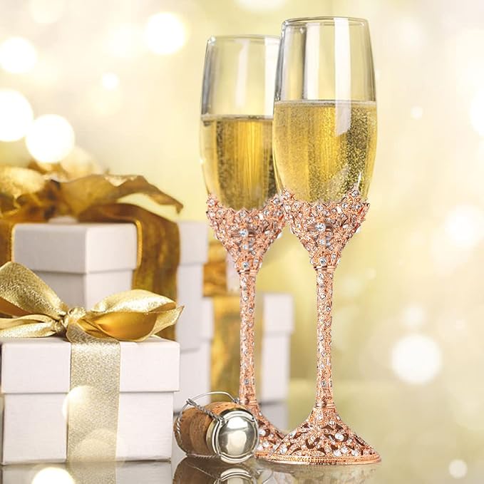 Champagne Flutes - Crystal Glass Metal Base With Crystal Stones, Set of 2 Toasting Flute Pair, Wedding Anniversary Party Birthday Banquets and Gifts for Bride and Groom (Rose Gold)