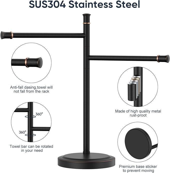 16 Inch Oil Rubbed Bronze Stand Towel Bar Free Standing Hand Towel Holder for Bathroom, 2 Swivel Arms Towel Rack Towel Ring Hardware Accessories for Kitchen Vanity Countertop Stainless Steel