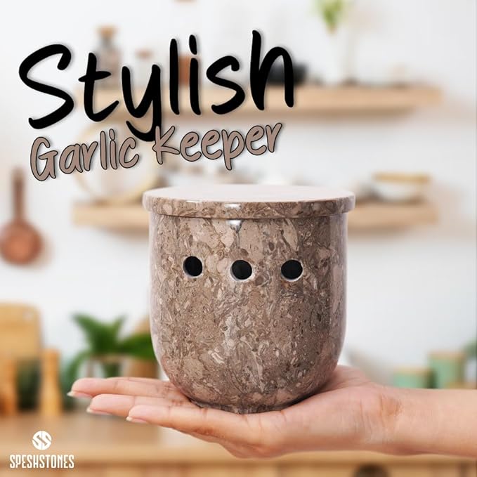 Marble Garlic Keeper for Counter 4.5 Inch Handmade Garlic Holder for Fresh Garlic Cloves, Storage Container for Gifts, Garlic Saver for Kitchen Countertop Decor