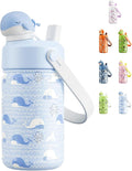 POWCAN 12 oz Kids Water Bottle for School: 2-in-1 Straw Spout Lid with Soft Animal Head, Leakproof, Backpack Friendly, Keep Cold 24H, Insulated cup for Sports, Playground, Holiday Gift (Whale Splash)