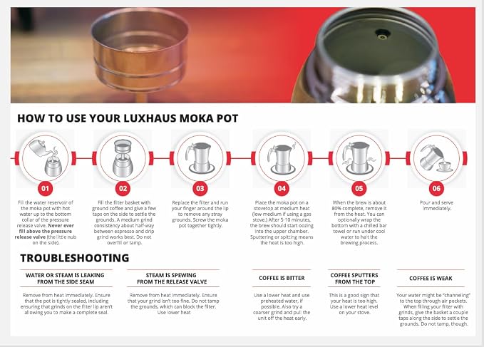 LuxHaus 6 Cup Moka Pot (2oz each cup - 12oz total) Stovetop Espresso Maker - Stainless Steel Italian and Cuban Mocha Coffee Maker