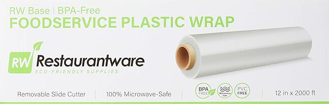 Restaurantware RW Base 12 Inch x 2000 Feet Cling Wrap 1 Roll Microwavable Cling Film - With Removable Slide-Cutter Clear Plastic Food Wrapping Film Securely Seal And Keep Food Fresh