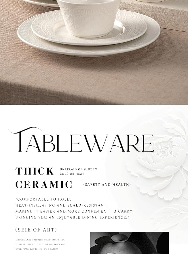 4-piece set, ceramic tableware set, relief plate and bowl set, microwave and dishwasher compatible tableware set, shatterproof and scratch resistant dinner set, irregular edge design, white