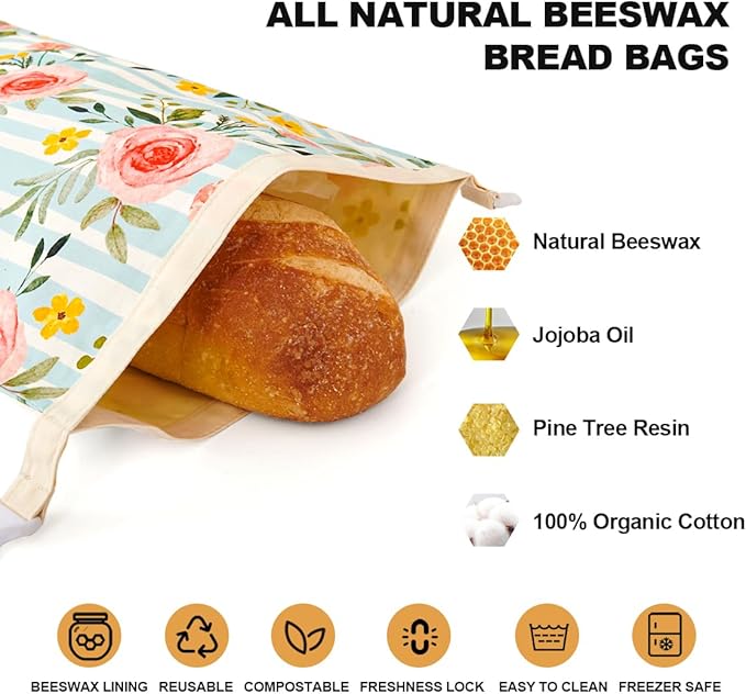 Beeswax Bread Bag, 2 Pack Sourdough Bread Bags, Reusable Bread Bags for Homemade Bread, Organic Cotton Beeswax Sourdough Bags, Wildwood Bloom Series