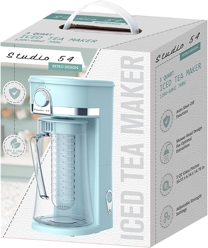 Retro Iced Tea Maker with Infuser, 3QT Glass Pitcher Electric Tea and Coffee Brewer, Adjustable Strength Cold Brew Maker for Iced Coffee, Iced Lattes, Sweet Tea & Fruit Infusions